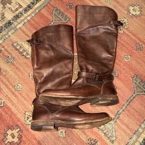 Brown Leather Riding Boots - Tall Buckle Detail
